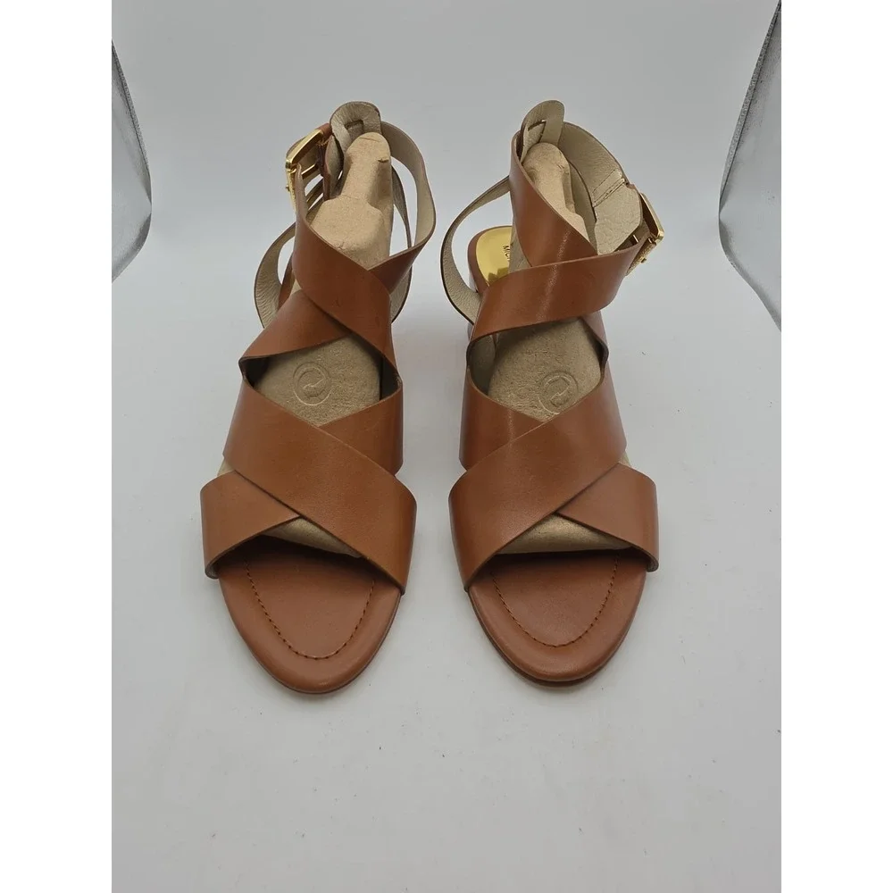 MICHAEL Michael Kors Maribella Luggage Brown Leather Sandals Tortoise Heel Sz 10